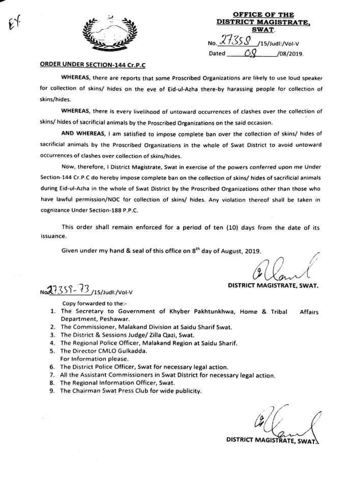 سوات میں قربانی کی کھالیں جمع کرنے اور جانور باہر لے جانے پر پابندی