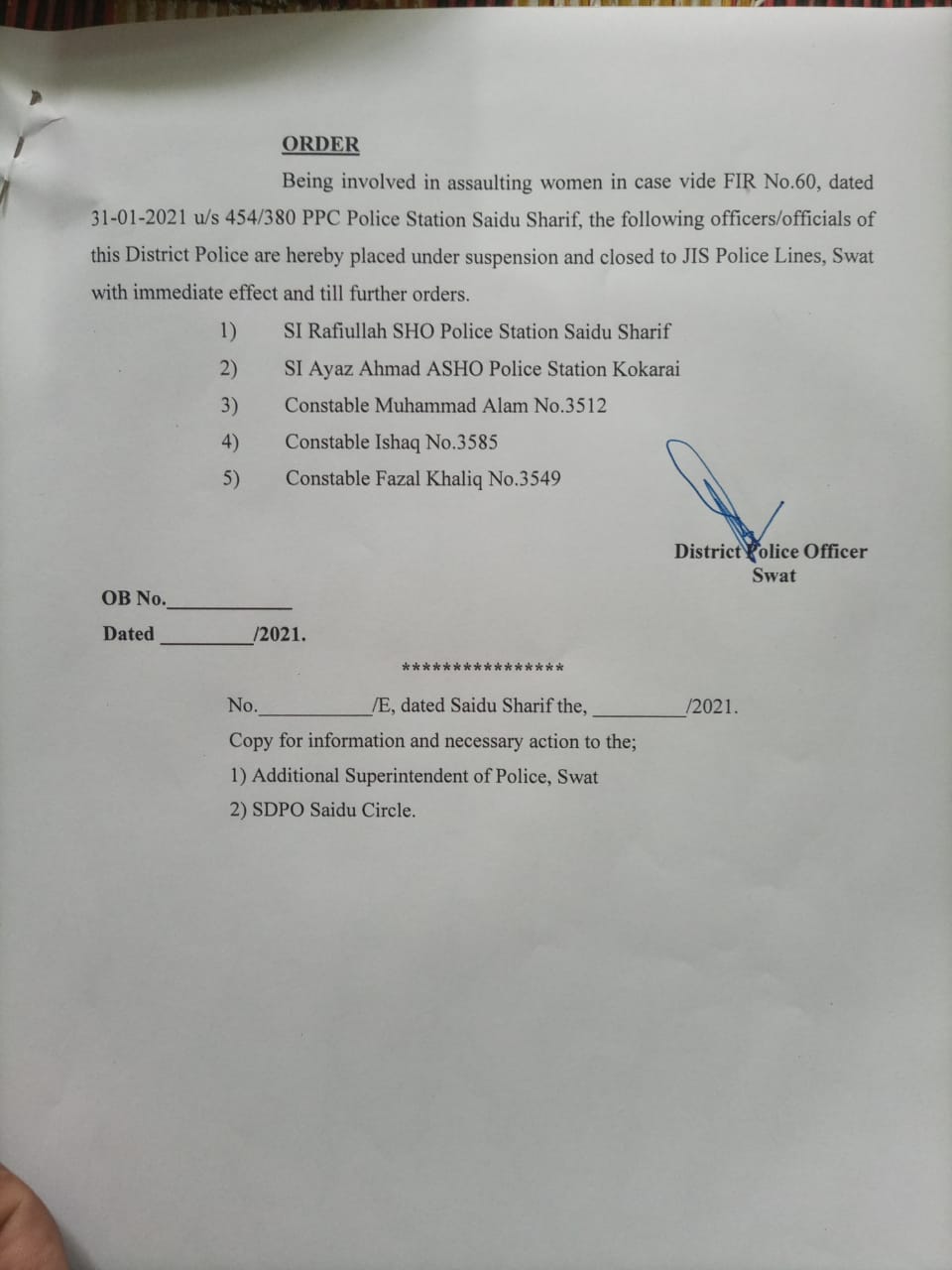 سوات، خواتین پرتشددکرنیوالے دو ایس ایچ اوز سمیت پانچ پولیس اہلکار معطل،ایف ائی اردرج